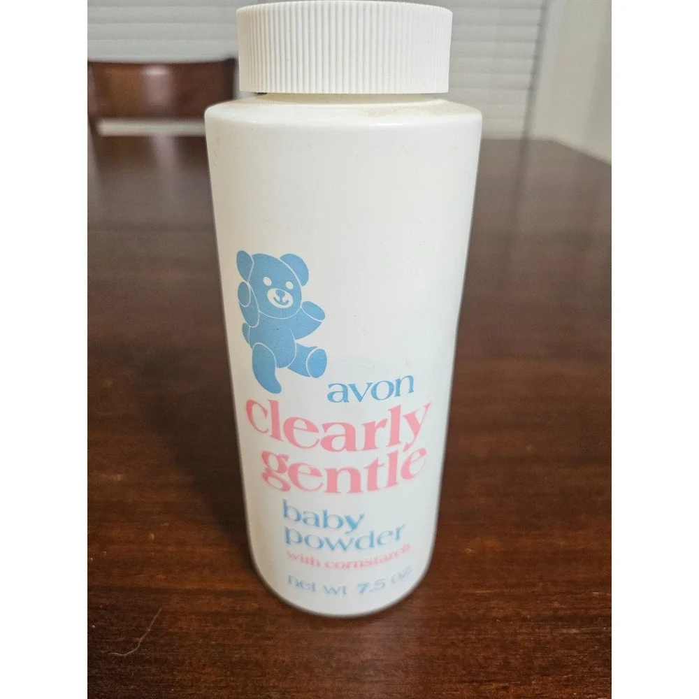 Avon Bottle Clearly Gentle Baby Powder Baby 7.5 oz White Vintage Cornstarch Bear